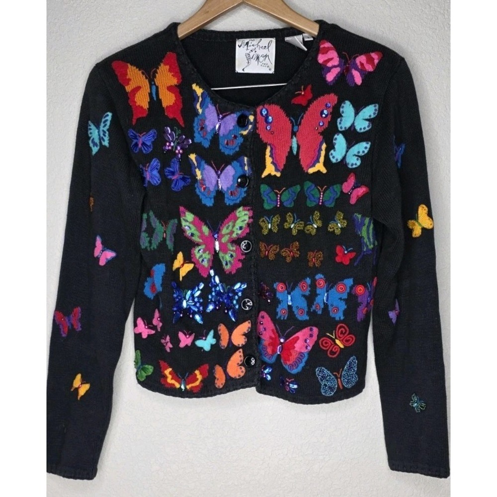 Vintage Michael Simon Butterfly Applique Embroidered Sweater Cardigan Sz S Knit
